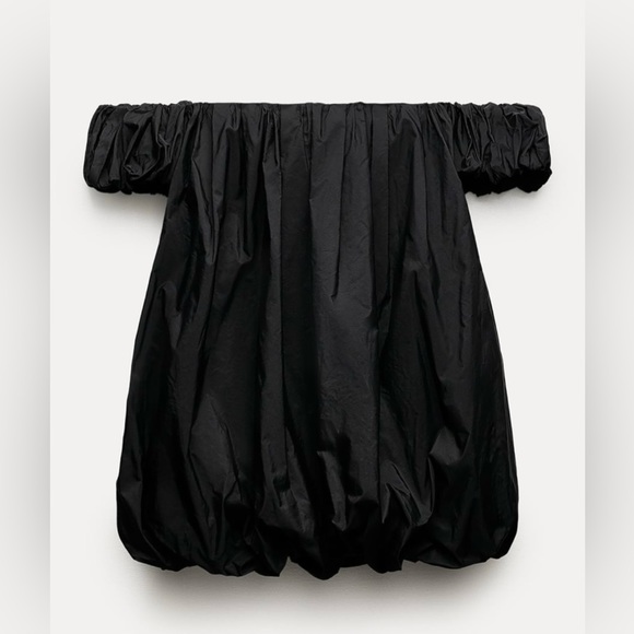 NWT ZARA Off Shoulder Voluminous  XS TAFFETA Black Mini Dress Balloon Dress - Picture 8 of 10
